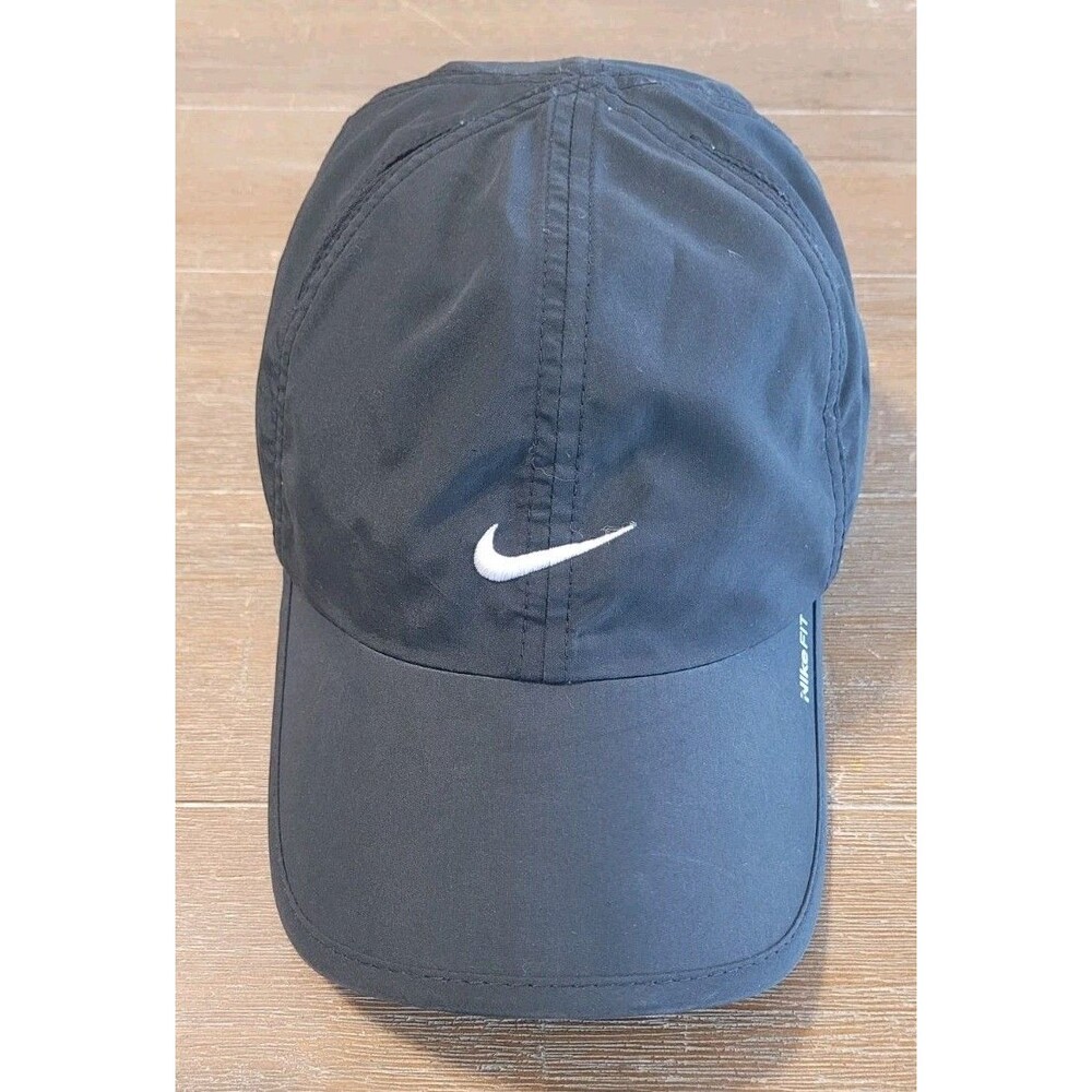 Vtg Nike Fit Featherlight Black Hat Adjustable Cap Yoga Tennis Golf Running